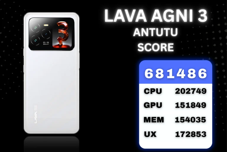 This Image represent the back view of the Lava Agni 3 alongside its AnTuTu benchmark scores, showcasing CPU, GPU, MEM, and UX results.