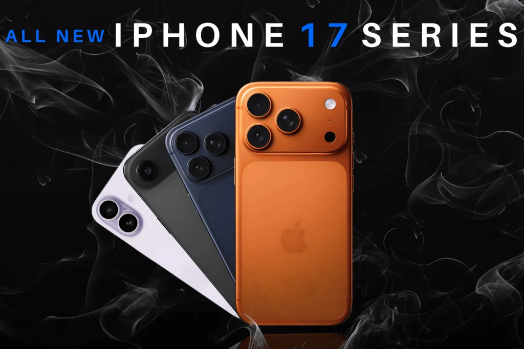 Apple iPhone 17 series lineup including iPhone 17, iPhone 17 Pro, Pro Max, and Air models.
