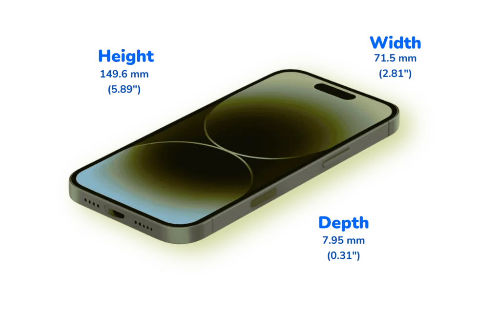 This image represents the iPhone 17 height, width, and depth dimensions