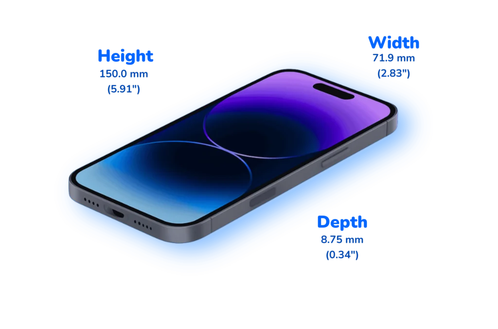 This image represents the iPhone 17 Pro height, width, and depth dimensions