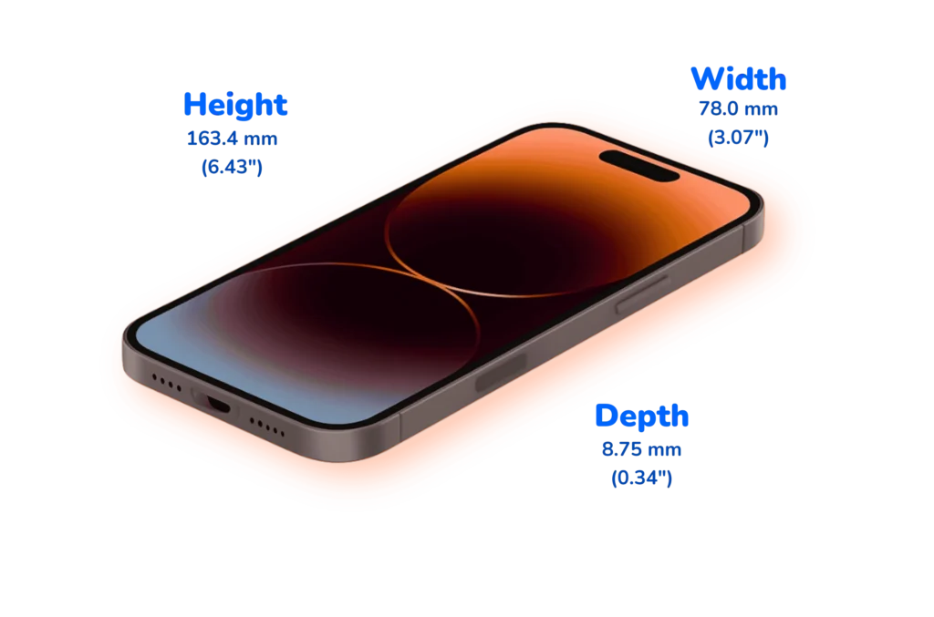 This image represents the iPhone 17 Pro Max height, width, and depth dimensions